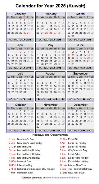 calendar 2025 kuwait with holidays