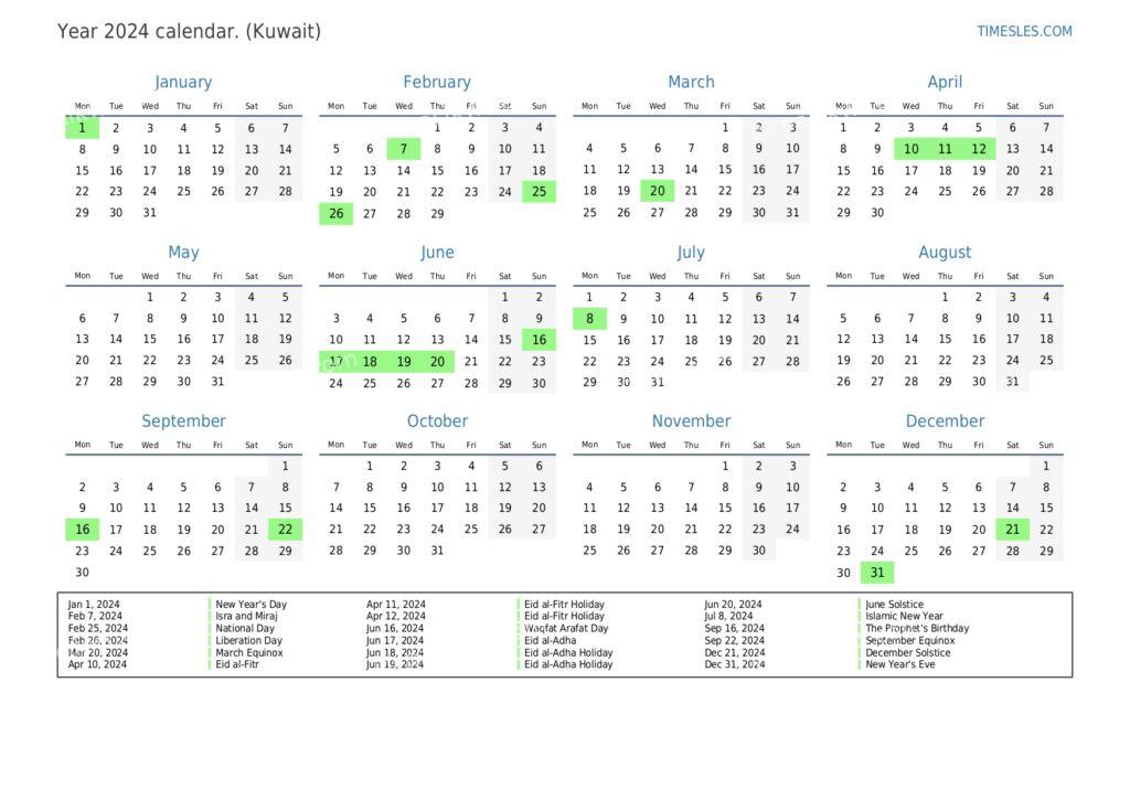 kuwait calendar 2024 with holidays printable